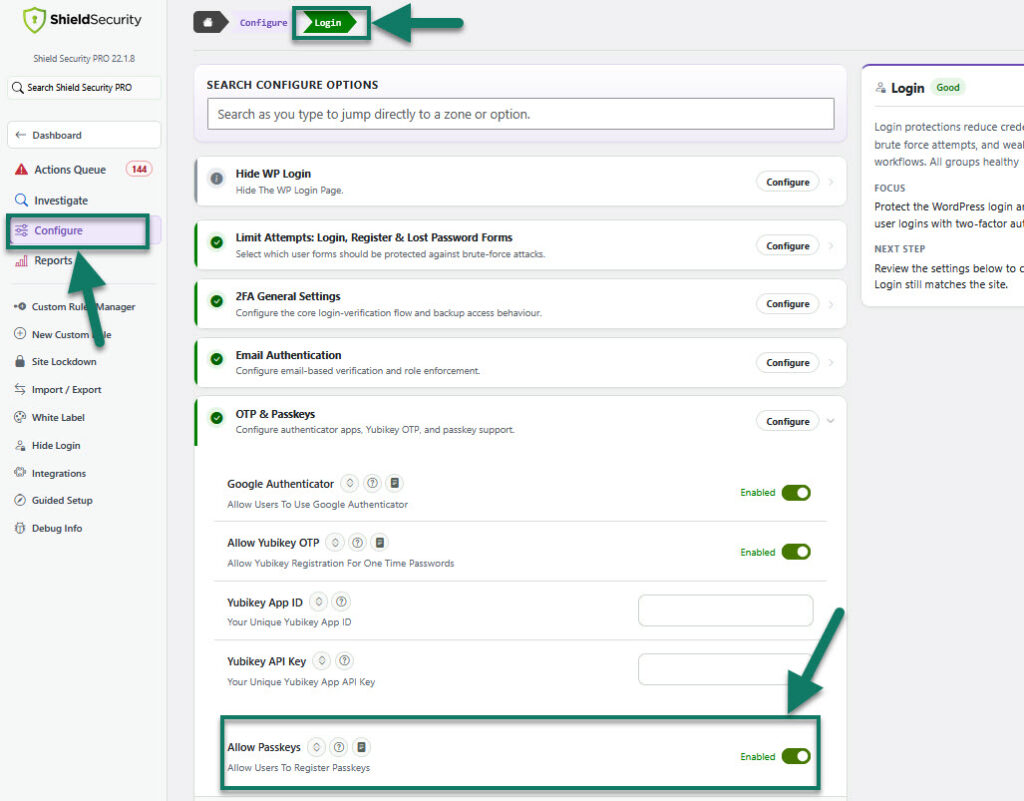 Passkeys option in Shield Security plugin