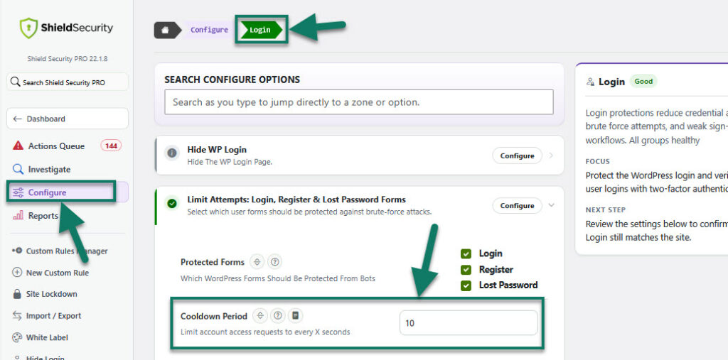WordPress Shield Security Brute Force Protection: Login Cooldown