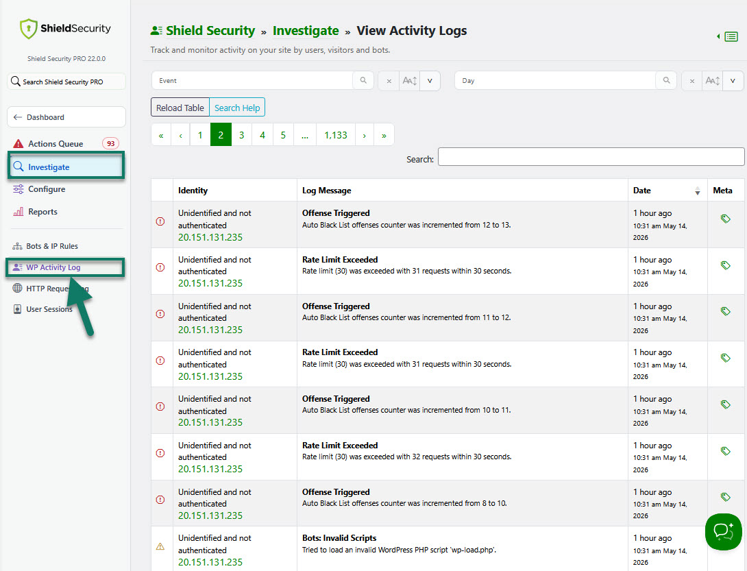 WP Activity Logs Viewer in Shield Security PRO