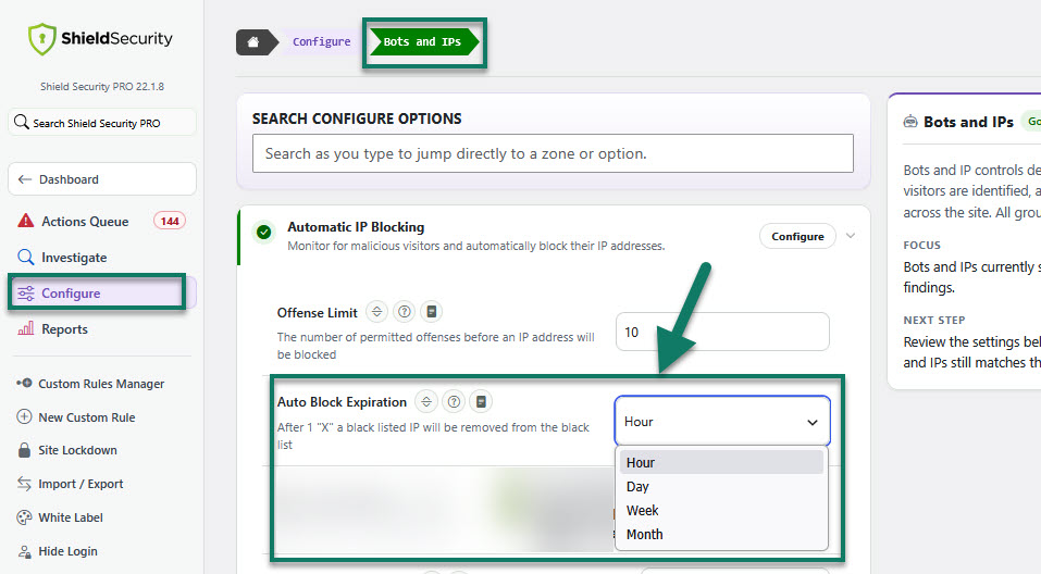 Auto Block Expiration Timeout in Shield Security PRO