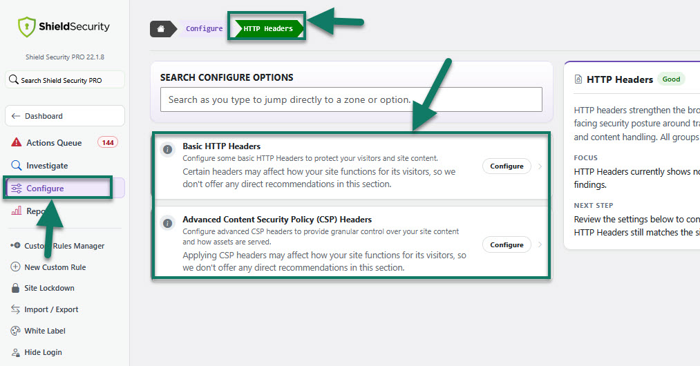 Shield HTTP Security Headers Settings