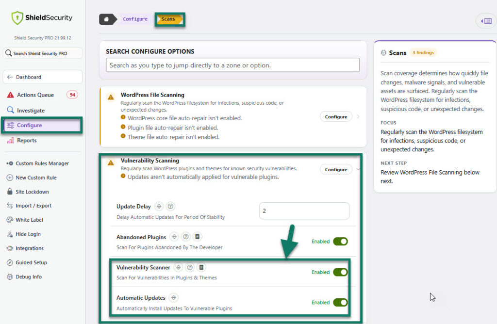 Access to Shield's Vulnerabilities Scanner Configuration