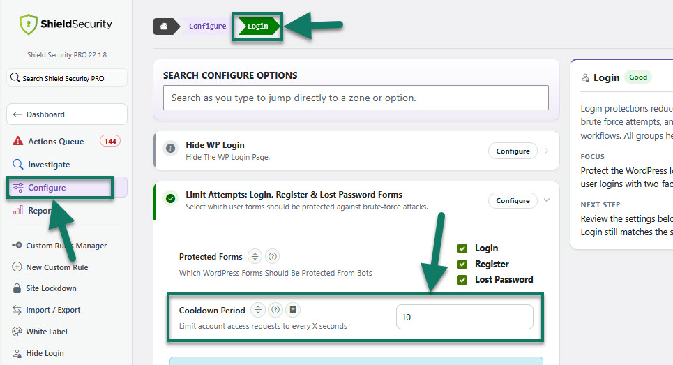Enabling the login cooldown option to limit login attempts in WordPress.