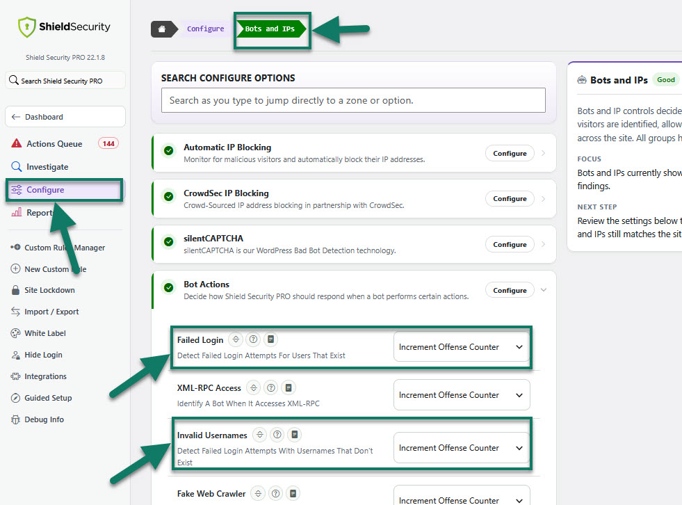 Login Bots options in Shield Security PRO