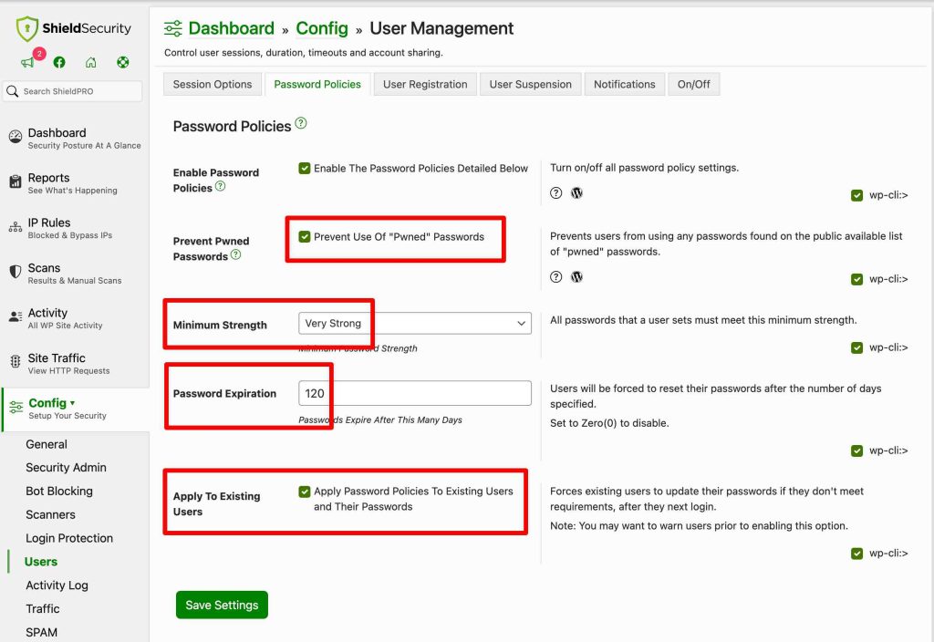 Set password policies for users using Shield Security PRO