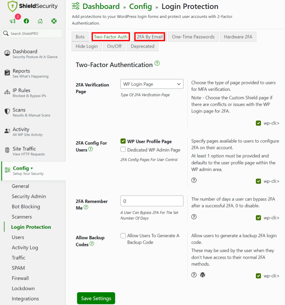 Setting 2FA using Shield Security PRO.