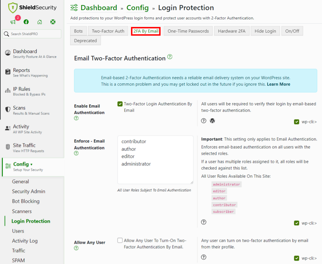 Enabling 2FA by email using Shield Security PRO.