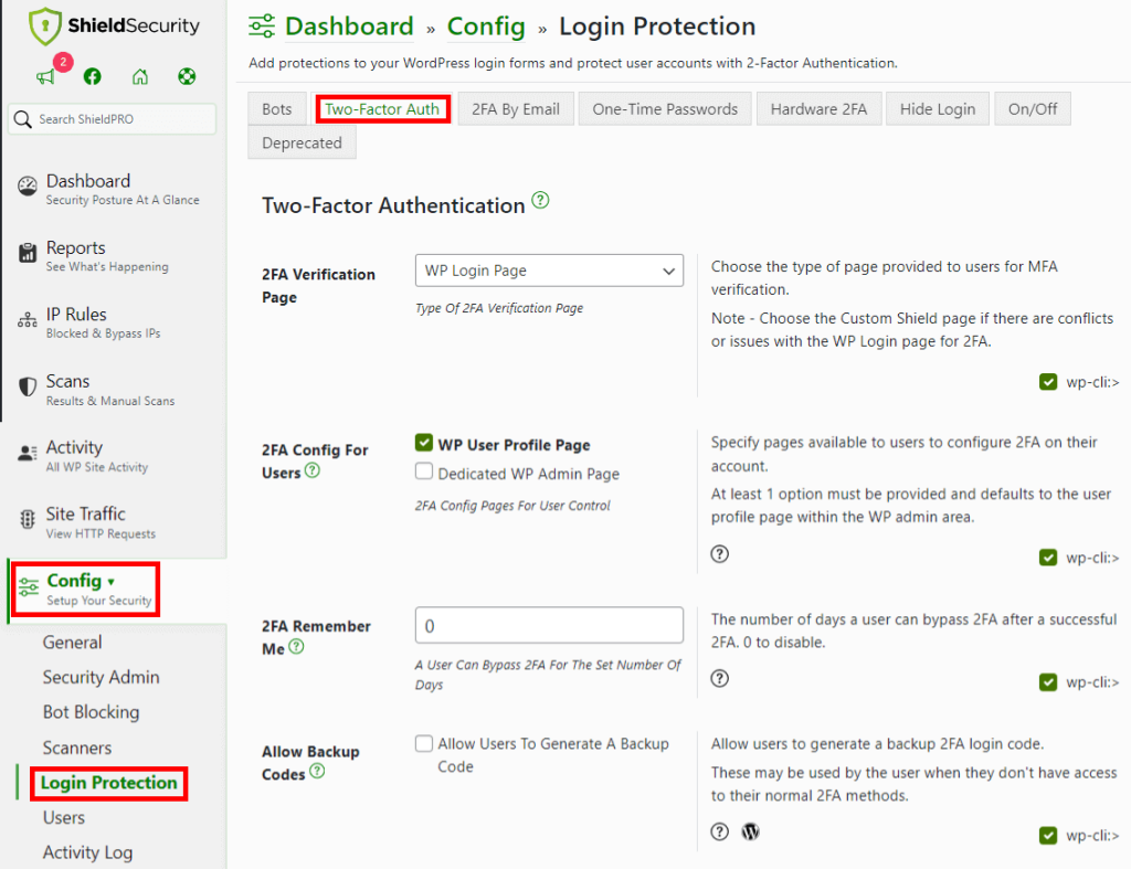 Setting up 2FA using Shield Security PRO.
