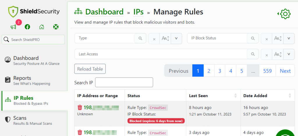 Managing IPs using Shield Security PRO.