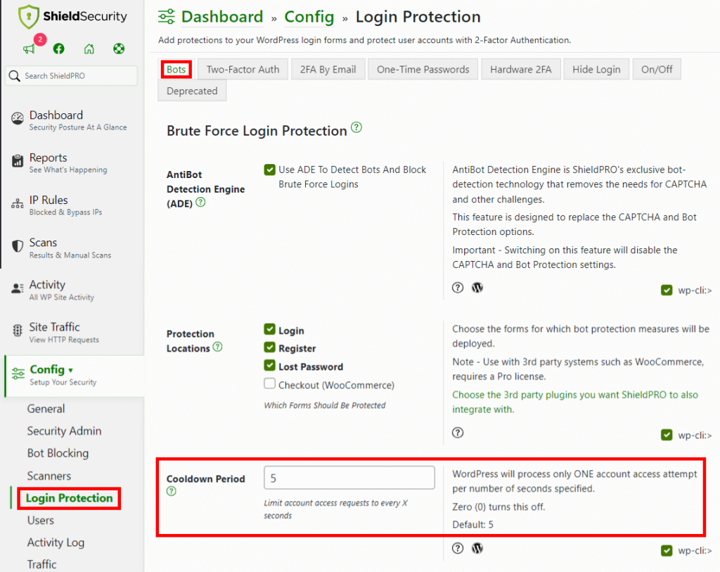 Setting a cooldown period using Shield Security Pro.