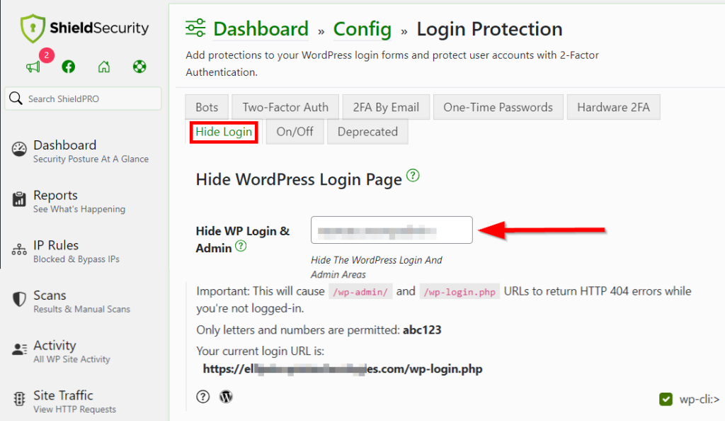 Creating a new URL for the login page using Shield Security PRO.