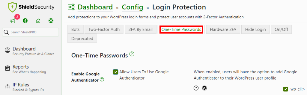 Enabling Google Authenticator for one-time passwords using ShieldPro.
