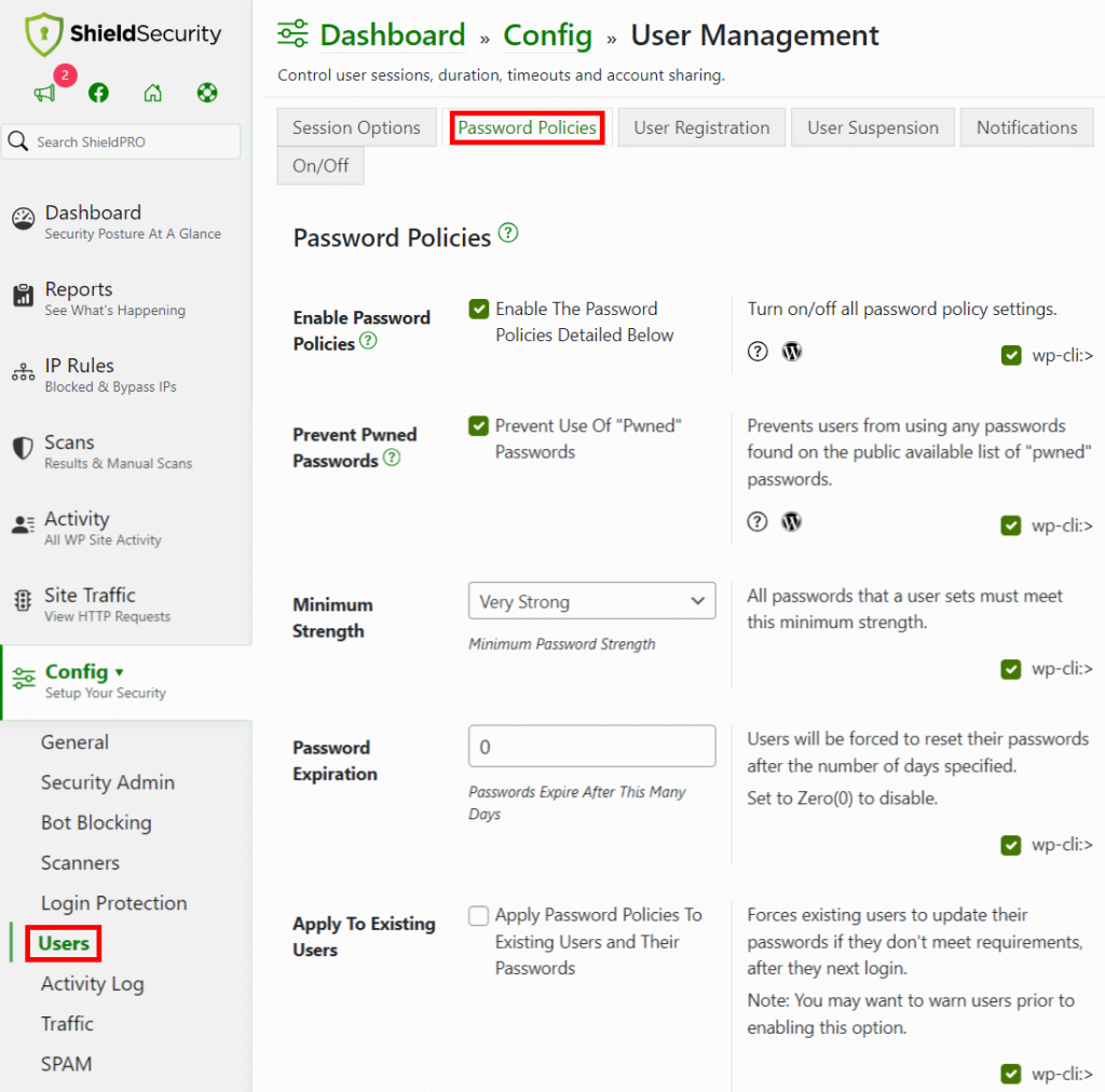 Setting password policies using Shield Security PRO.