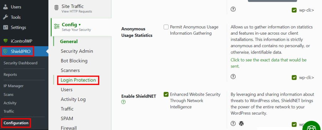 Login protection setting in the Shield Security PRO plugin.