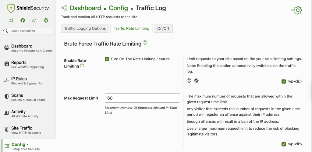 Image of Shield Security PRO’s traffic rate limiting settings. 