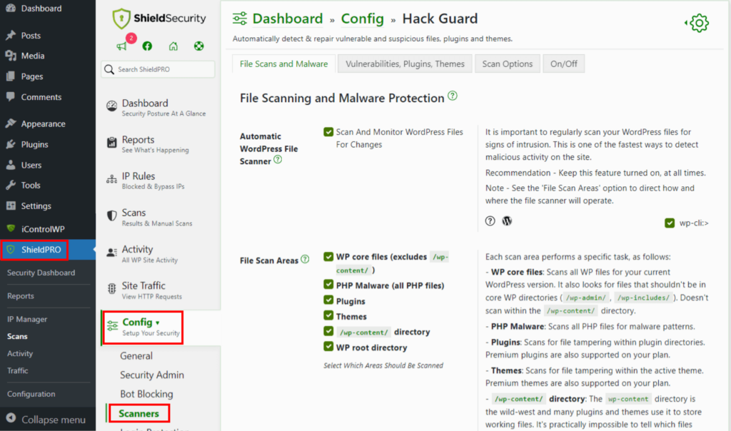 Malware scanning using Shield Security Pro.