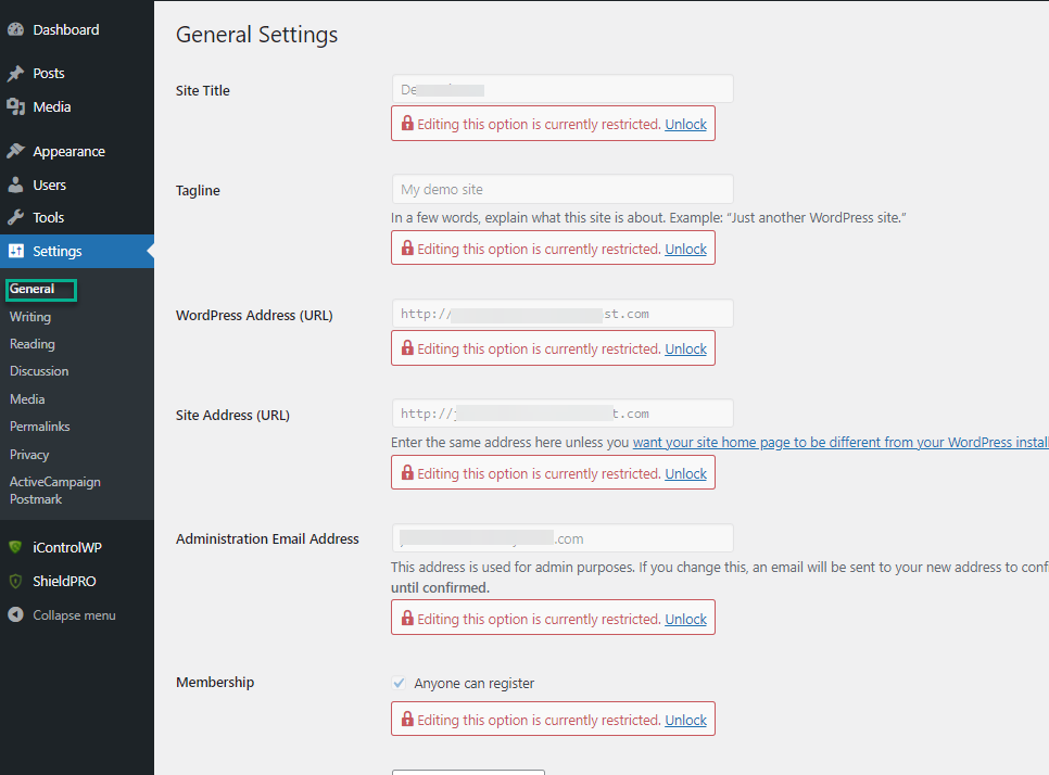 Security Admin WordPress Restrictions Options