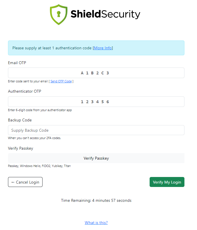 Shield Security, the Two-Factor Authentication login page