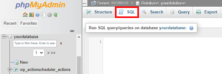 Opening the SQL window in phpMyAdmin to run SQL queries.