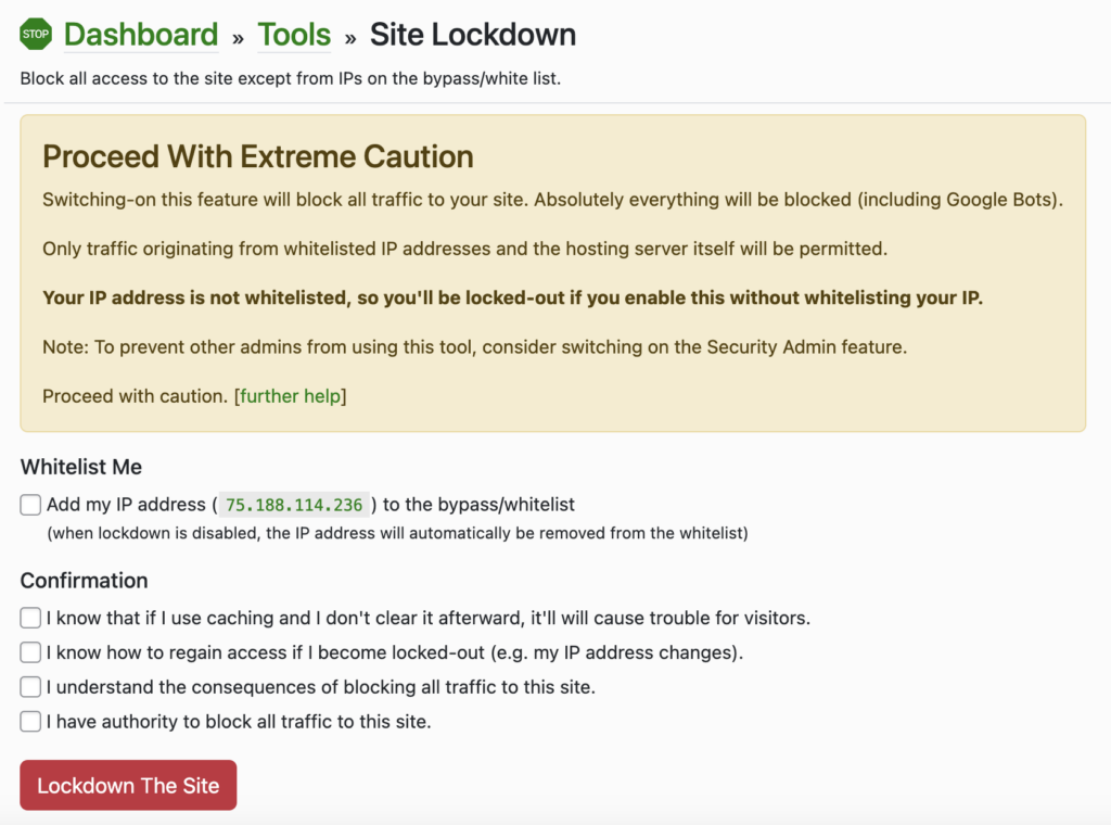 Shield Security PRO’s Site Lockdown feature limits site access to only approved IP addresses.