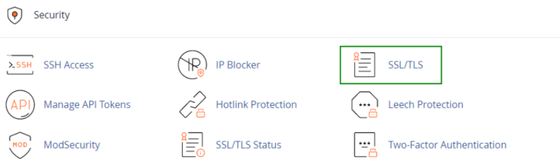 Security section on WordPress cPanel management platform