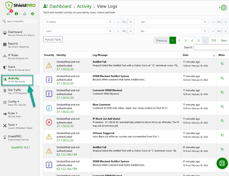 Shield Security PRO activity logs