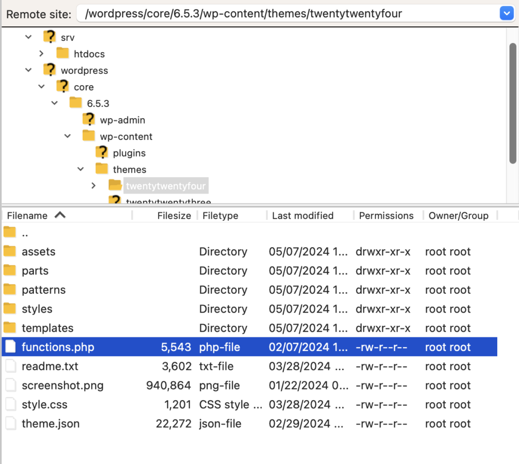 A website theme’s functions.php file found by way of FileZilla SFTP client