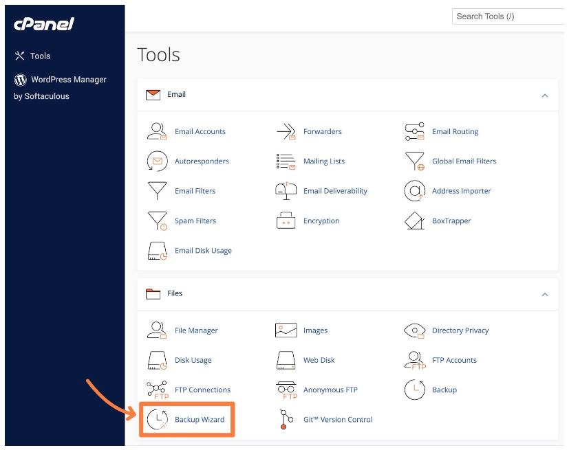 Alt text: cPanel’s Backup Wizard feature