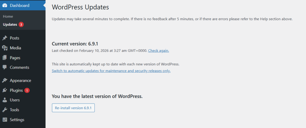 WordPress updates dashboard