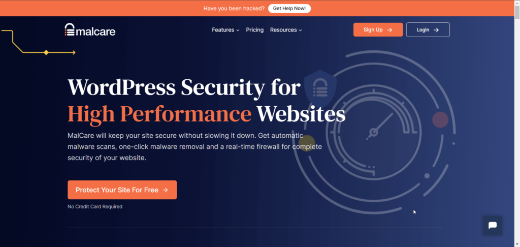 MalCare homepage, reads “WordPress Security for High Performance Websites.” 