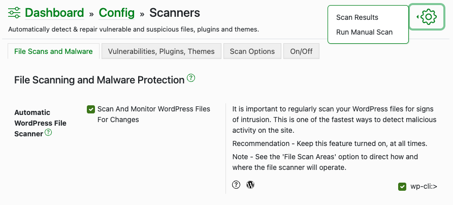 Malware scanning settings in Shield Security PRO 