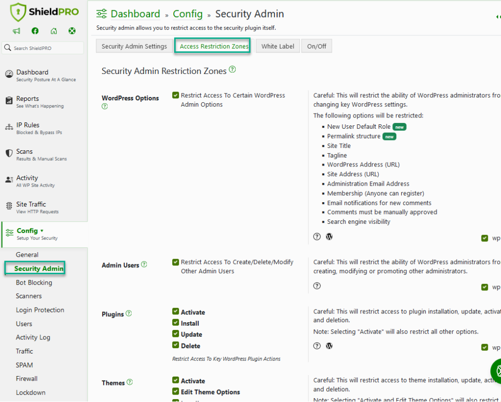 Security admin access restrictions in Shield Security PRO