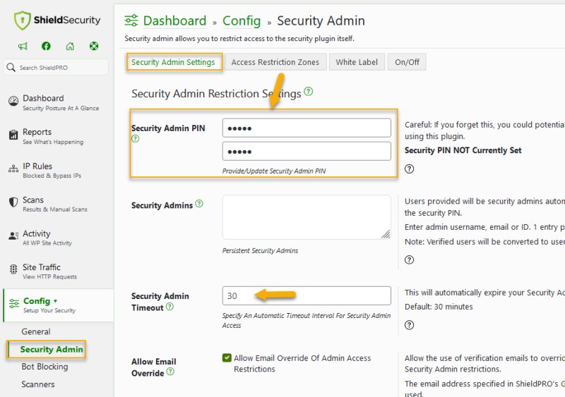 Shield Security PRO Security Admin feature