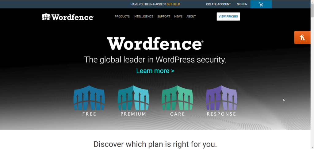 Alt text: Wordfence homepage, reads, “The global leader in WordPress security.” 