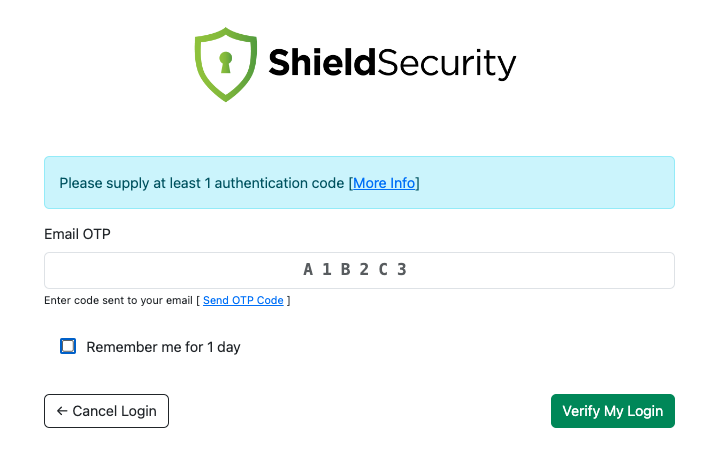 Email-based 2FA verification with Shield Security PRO.