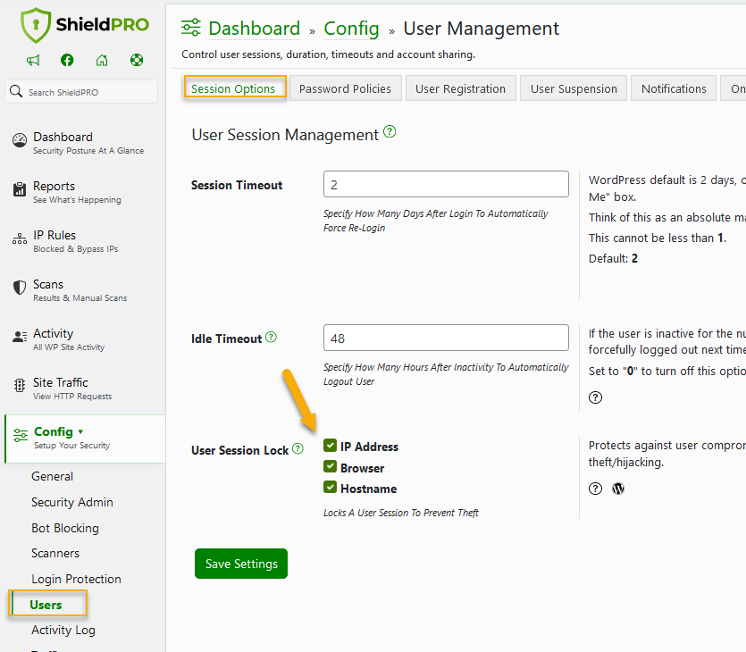 Session protection options in Shield Security PRO.