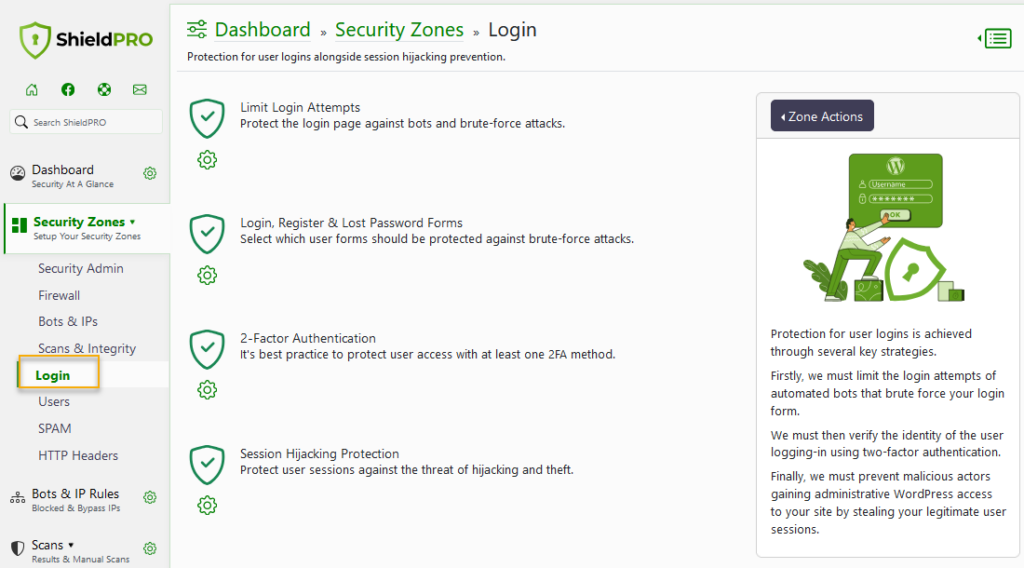 Backend of the WordPress dashboard: Shield's Login Protection