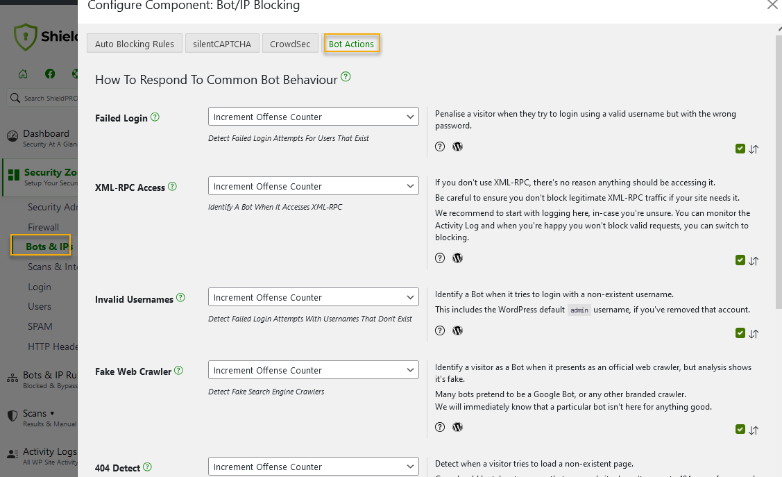 Shield Security PROs Bot Actions Blocking feature
