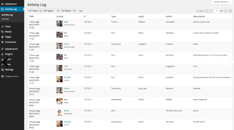 Activity Log dashboard