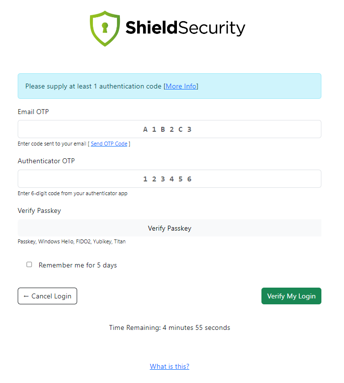 2FA window in Shield Security PRO