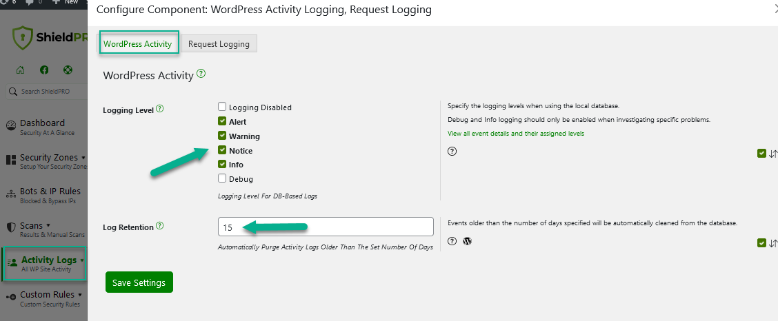 Activity Log Options Settings