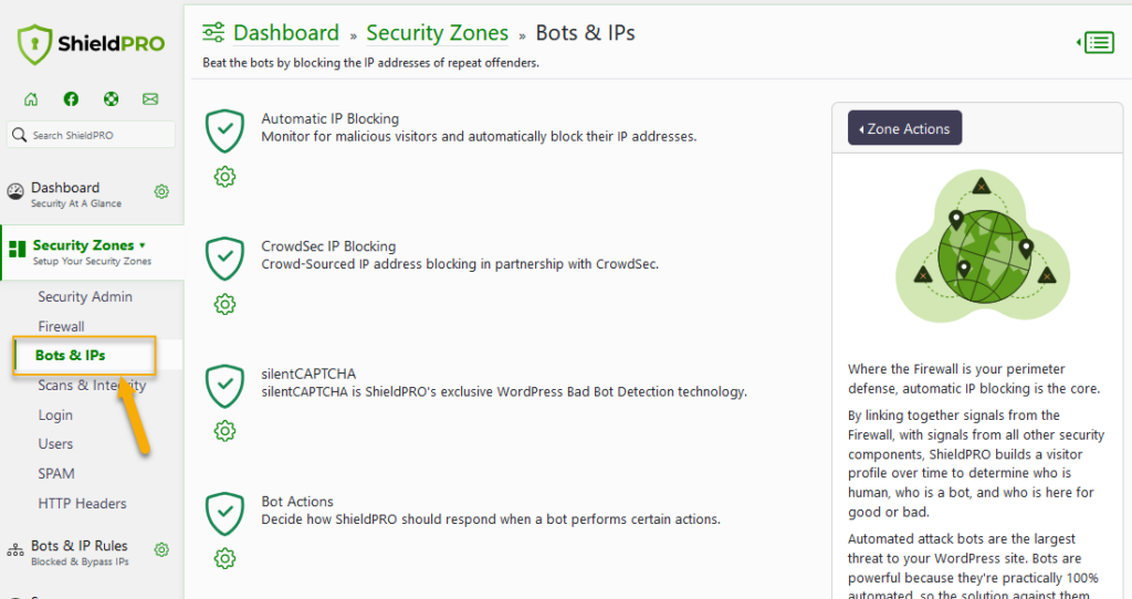 Get to the Bots/IPs Blocking section in Shield Security PRO