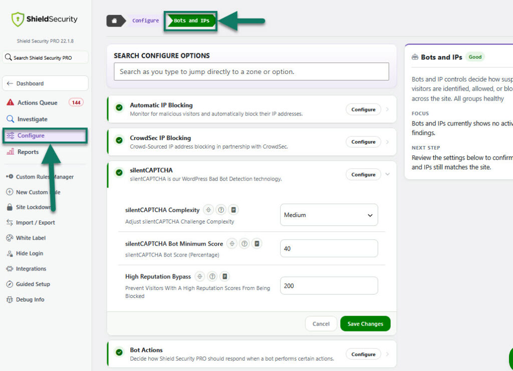 Get to the Bots/IPs blocking section in Shield Security PRO.
