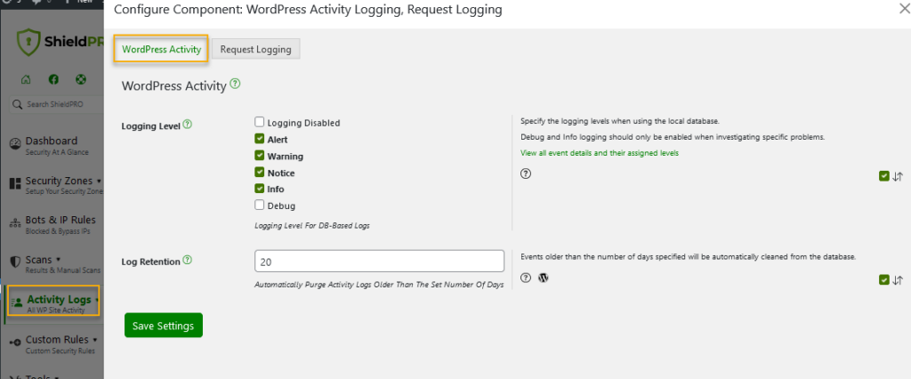 Getting to the Activity Log in Shield Security PRO