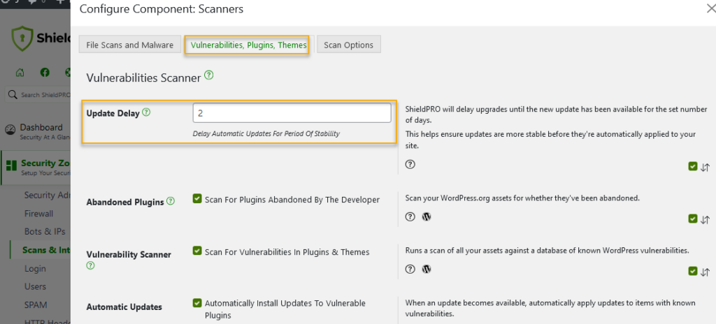 Managing WordPress auto-update delay settings with Shield Security PRO.