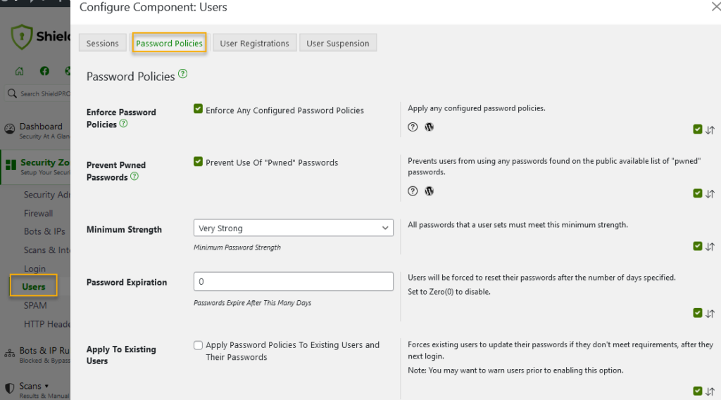 Password Policies tab in Shield Security PRO