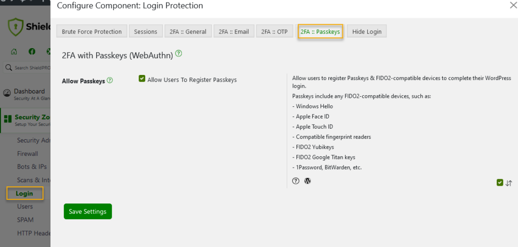 Passkeys tab within Shield Security PRO