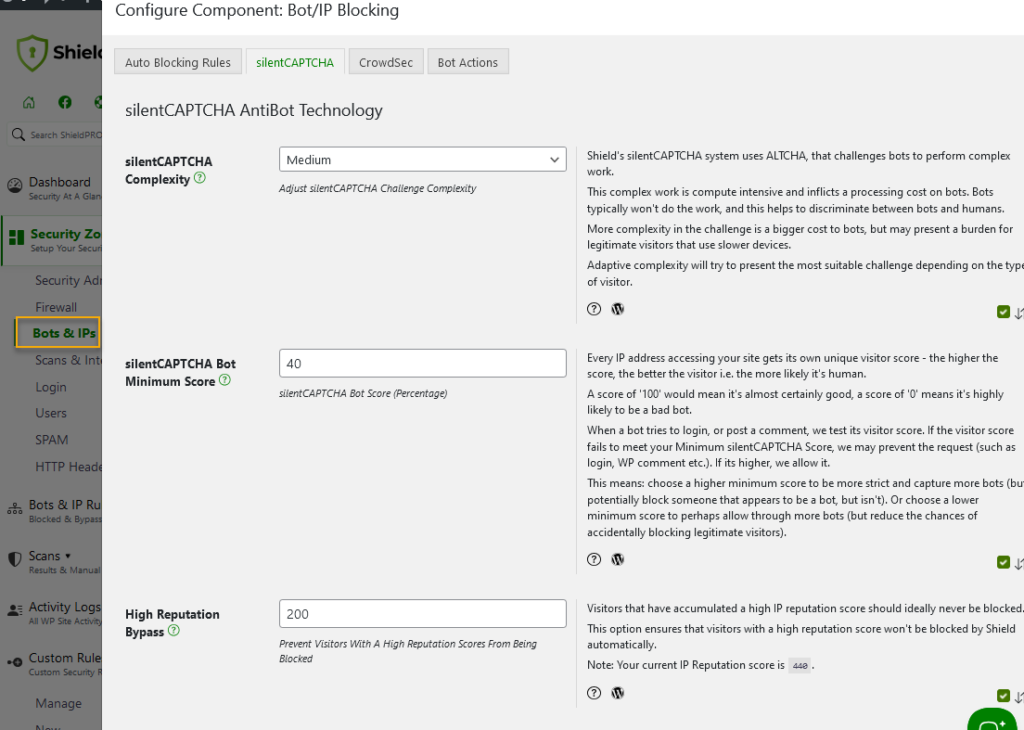Shield Security PRO’s bad-bot blocking settings.