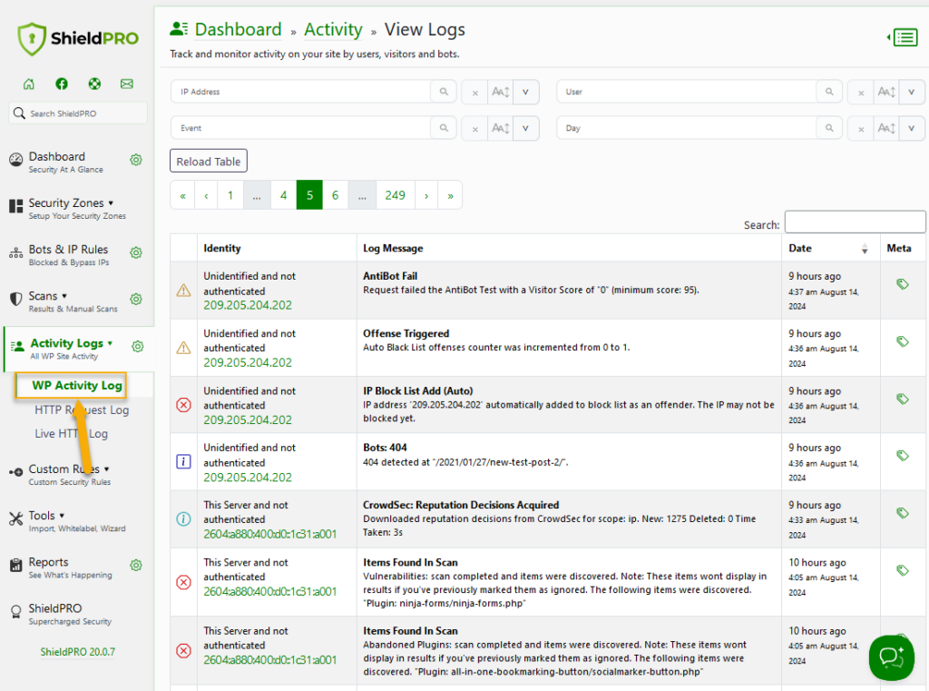 View Logs in Shield Security PRO