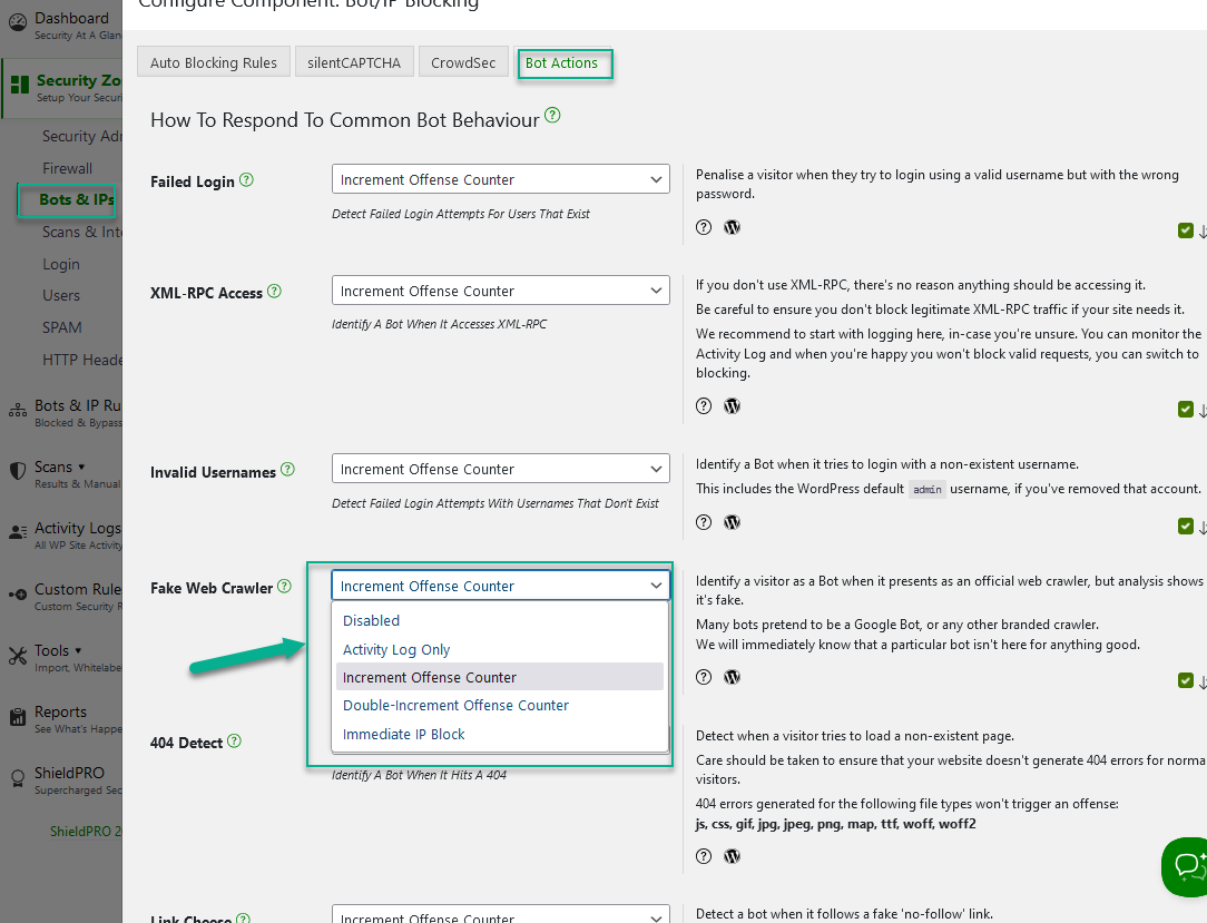 Bot Signals Block Options within Shield Security